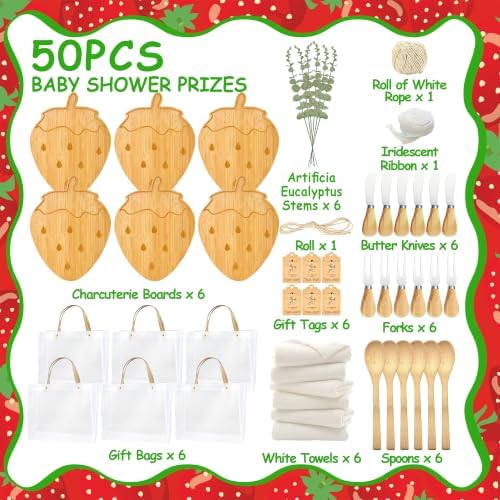 50 Pcs Strawberry Party Decorations Gifts Set Berry Baby Shower Favors for Guests Wooden Cheese Boards with Forks Towels Sweet One Berry First Birthday Prizes for Game Winner Baby Girls Party Supplies - Image 4