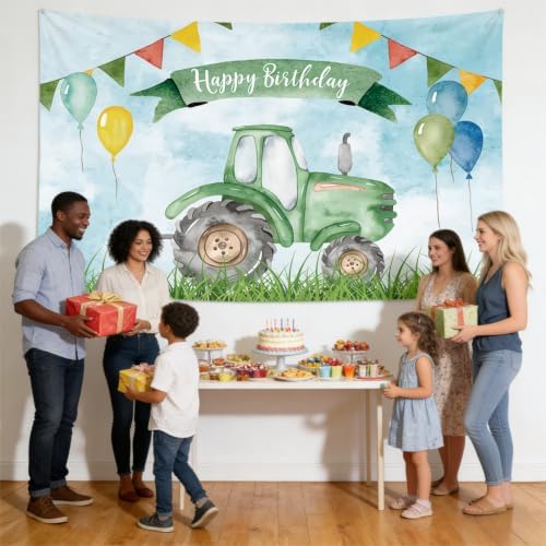 Green Tractor Happy Birthday Backdrop Banner Size 10x8 Ft Watercolor Farm Themed Design Durable Polyester Photo Booth Background for Boy's Birthday & Farm Party Decorations Supplies - Image 2