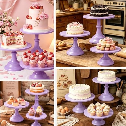 3 PCS Purple Round Cake Stand Set, Multi Size Metal Cupcake Holders Stand for Birthday Wedding Banquets, Pastry Display Holders for Holiday Party Dessert Display Table Decor (8"/10"/12" Plate) - Image 7