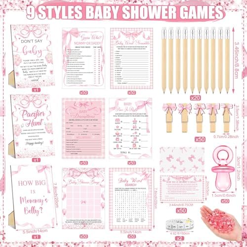 Sherr 476 Pcs Pink Bow Baby Shower Games Bundle 6 Sets, Activity Cards Tape - Image 3