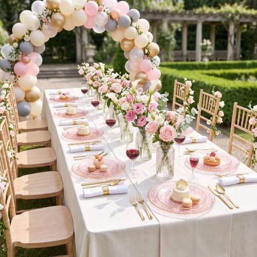 Rubtlamp 60Pcs Pink Plastic Plates,Clear Pink Plates With Gold Rim,Hammered Gold Plates Include 30Pink Plastic Dessert Platos, 30Gold Dinner Platos For Party - Image 5