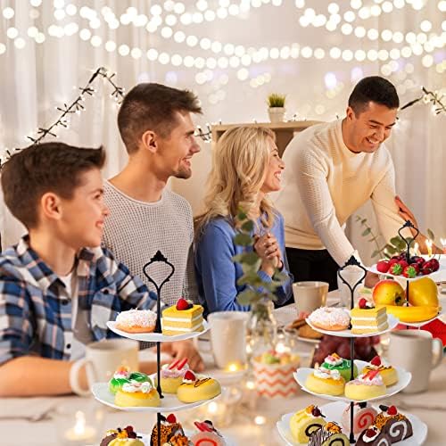 Sawysine 6 Pack 3 Tiered Serving Tray White Plastic Dessert Tower, Black - Image 7