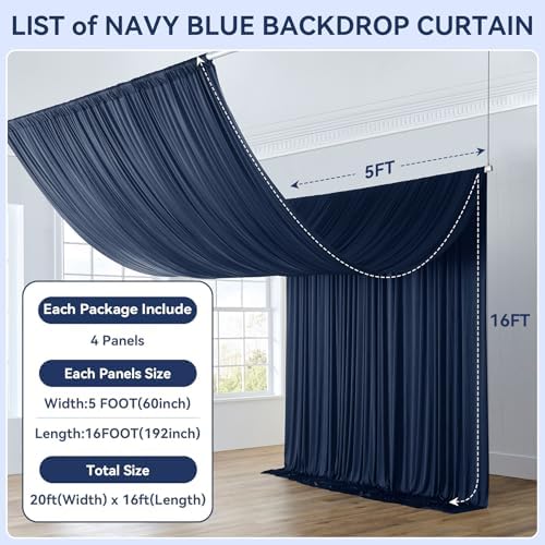 20x16ft Navy Blue Backdrop Curtain for Party, 4 Panels Wrinkle Free 16 Foot Long Polyester Photo Backdrop Drapes Photography Background for Wedding Birthday Gathing - Image 3