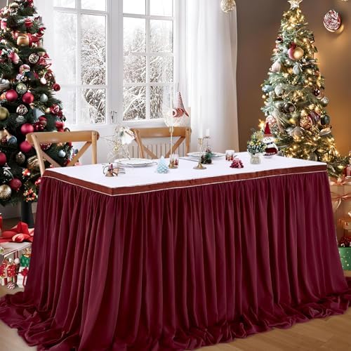 Burgundy Table Skirt 14FT Chiffon Table Skirting 2 Layer Rectangle Green Tablecloth for Birthday Baby Shower Wedding - Image 3