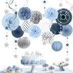Dusty Blue Party Decorations, 19PCS Hanging Paper Lanterns Fans Tissue Pom Poms Swirls 5 Rolls Crepe Paper for Wedding Birthday, Something Blue Bridal Shower Bachelorette Party Baby Shower Decorations - Image 6