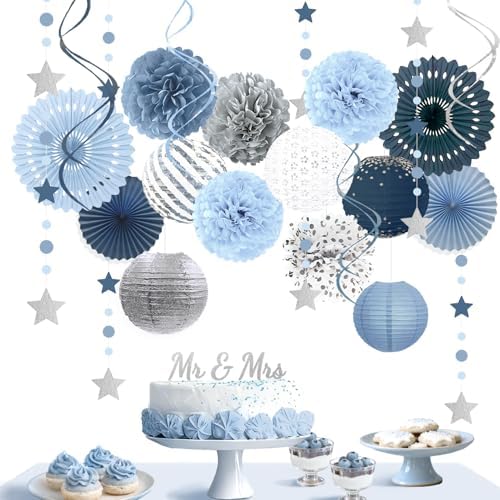 Dusty Blue Party Decorations, 19PCS Hanging Paper Lanterns Fans Tissue Pom Poms Swirls 5 Rolls Crepe Paper for Wedding Birthday, Something Blue Bridal Shower Bachelorette Party Baby Shower Decorations - Image 6