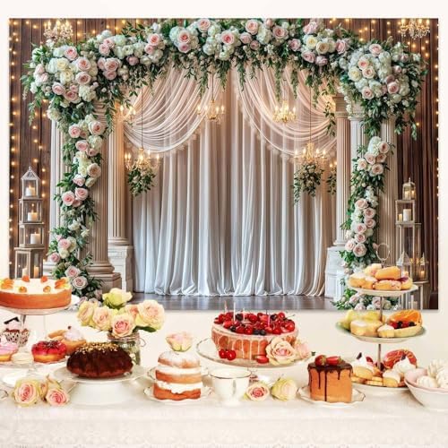 15x10ft Wedding Wooden Backdrop Glitter White Curtain Rose Floral Wall Door Photography Backdrops Western Vintage Wedding Anniversary Banner Birthday Baby Showers Photo Shoot Decor Props Decoration - Image 5