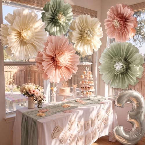 Giegxin 6 Pcs 31.5", 24" Pink Sage Green Giant Boho Paper Flowers for Wall - Image 5