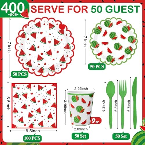 Funnymoom 400 Pcs Watermelon Birthday Party Supplies for 50 Guest Cute Summer Fruit Disposable Plates Napkin Cup Spoon Fork Knives for Outdoor Picnic Birthday Baby Bridal Shower Party Supplies - Image 2