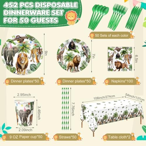 Potchen 452 Pcs Wild Animals Plates Napkins Party Supply, Green - Image 2