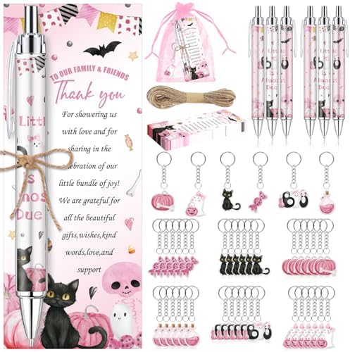 145 Pieces Halloween Baby Shower Favors for Guest A Little Boo is Almost Due Ballpoint Pens and Keychains Gifts Bulk Retractable Baby Shower Party Pens Gender Reveal Thank You Cards Souvenirs Prizes by EYNDYN