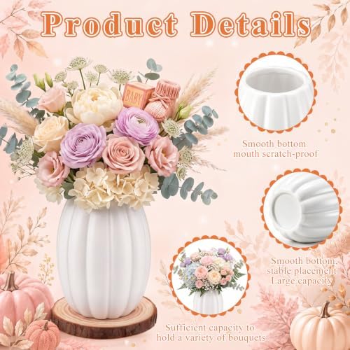 Rtteri 6 Set 5.12" Ceramic Pumpkin Vase with Wood Slices Glazed Fall Flower Pots for Autumn Home Decor Smooth Pottery Planter Pack for Thanksgiving Tabletop Decoration Housewarming Gifts(White) - Image 3