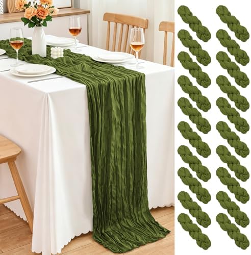 20 Pack Olive Green Cheesecloth Table Runner, 17x108 Inch Semi Sheer Boho Gauze Cheese Cloth Fabric Table Runners for Wedding Party Baby Shower Birthday Garden Farmhouse Table Decor by Yemosa