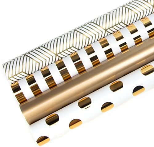 Ribbli White and Gold Wrapping Paper 30 inch for Birthday, Chirstmas, Holiday, Wedding, Graduations, Baby Shower, Polka dots/Stripes/Geometric/Matte Gold,4 Rolls -120 inch(10feet) Per Roll by Ribbli