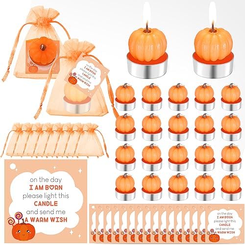 MTLEE 48 Sets Baby Shower Favors Include 48 Succulent Pumpkin Shaped Candles Fall Mini Plants Tea Lights Candles with 48 Invitations Cards and 48 Organza Bags for Baby Gender Reveal Guests(Pumpkin) by MTLEE