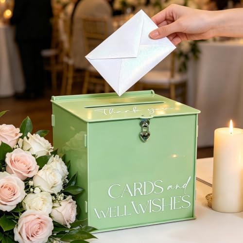 Acrylic Card Box with Lock & Slot, Sage Green Wedding Card Boxes for Reception Monetary Envelope Cash Gifts, Large Gift Cards Holder Box for Graduation Bridal Baby Shower Party Supplies - Image 3