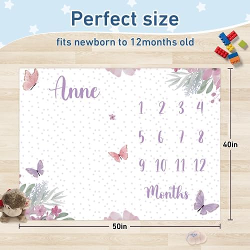 Custom Name Baby Milestone Blanket - Baby Milestone Monthly Blanket with Double Sided for Boy Girl Baby Photography Props - Purple Butterfly Print Gifts for Kids Infant (FixedSize) - Image 3