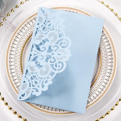 50pcs Dusty Blue Laser Cut Wedding Invitations Card Pocket with Envelope - Image 4