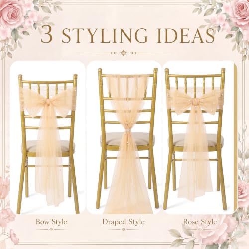 VitalCozy 50 Pack Light Brown Pearls Chair Sashes with Bows Wedding Decor - Image 4
