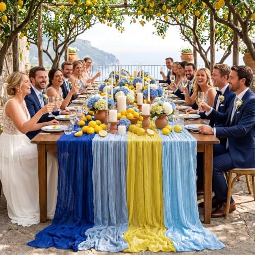 Moukeren 4 Pack Blue Yellow Cheesecloth Table Runner Capri Lemon Decor - Image 4