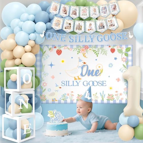 NANAGALI One Silly Goose Birthday Decor Boy, Blue Silly Goose Funny First Birthday Backdrop Balloons Arch Box High Chair Banner Bday Party Idea for Baby Boy - Image 6
