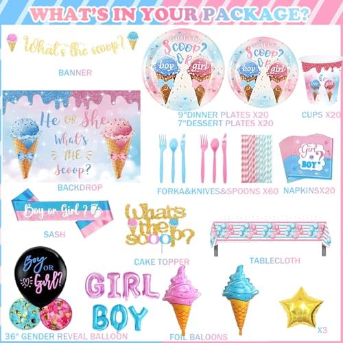 Whats The Scoop Gender Reveal Decorations, Ice Cream Boy or Girl Party Supplies, Pink and Blue Backdrop Banner Balloon Tablecloth Plate Napkin Cup Straw Knife Spoon Fork Sash 230 PCs - Image 2