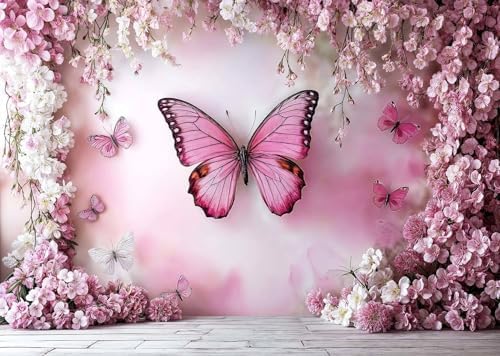 8X6ft Flower Butterfly Wall Backdrop Pink Floral Princess Girl Birthday Party Photography Background Photo Backdrop Art Wedding Banner Photo Studio Props by Unknown