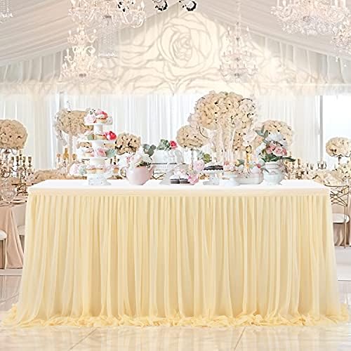 14ft Champagne Table Skirt Tulle Wedding Table Cloth Elegant Tutu Table Skirt Cover for Birthday Party Baby Shower Dessert Buffet Banquet Table Decorations - Image 4