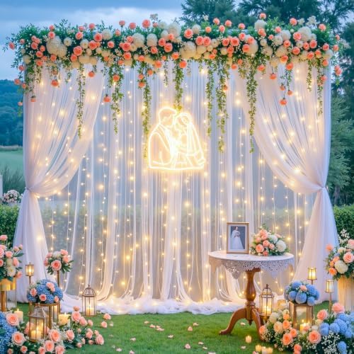 10ft x 12ft White Tulle Backdrop Curtain with Lights String for Parties Wedding Bridal Shower Sheer White Curtain Backdrop for Birthday Party Baby Shower Photo Booth Decorations by Suppromo