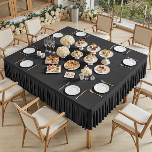 Wish Care Black Spandex Tablecloths for 60x60 Inch Square Tables, Stretch Fitted Table Clothes with Pleated Ruffle Skirt for 60” Table, Wrinkle Free and Elastic, for Party Kitchen Home Dining by WishCare