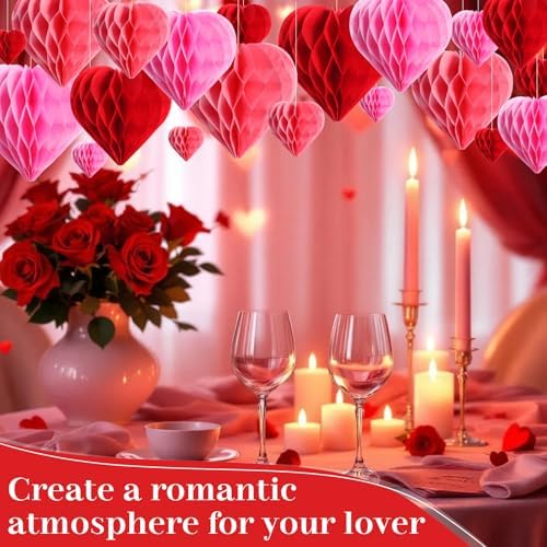 Seajan 60 Pcs Valentine Heart Honeycomb Party Decorations Red Pink White Tissue Paper Heart Shaped Pom Poms Decoration Valentine Hanging Decorations for Birthday Wedding Baby Shower - Image 6