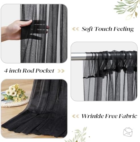 10ft x 8ft Black Backdrop Curtain with Lights String for Parties, Sheer Tulle Wedding Photo Backdrops Drapes for Baby Shower Birthday Party Decorations Background for Photography - Image 4
