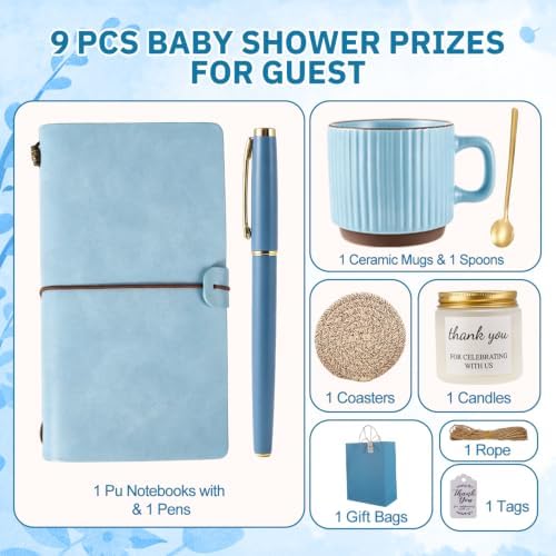 Baby Shower Prizes for Game Winners Baby Shower Games Prizes Ceramic Mugs with Metal Spoons Woven Coasters Notebooks Scented Candles Gift Bags Wedding Bridal Shower Favors for Guests (1, Blue) - Image 4