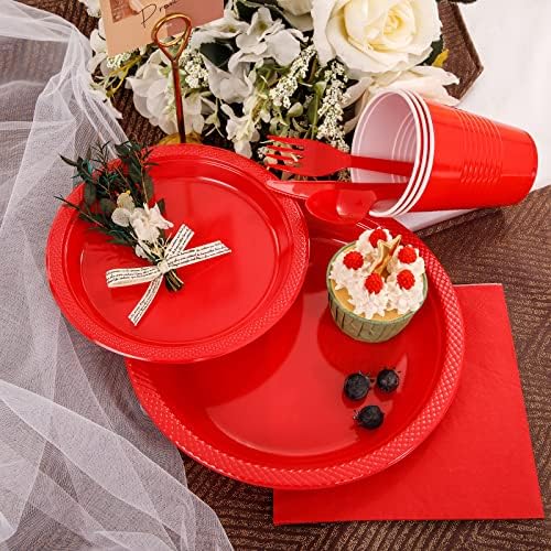 MirthMood 350PCS Red Disposable Plastic Plates,Red Dinnerware Set - Image 3