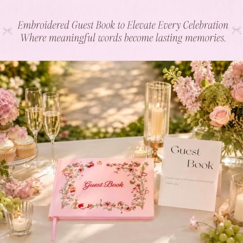 Embroidered Wedding Guest Book, Cotton Cover, Acid-Free Paper, 160 Pages, 9" L × 7" W, Sign in Book for Wedding Reception, Baby Shower&Events, with Envelopes, Table Card&Cotton Pouch (Pink) - Image 2