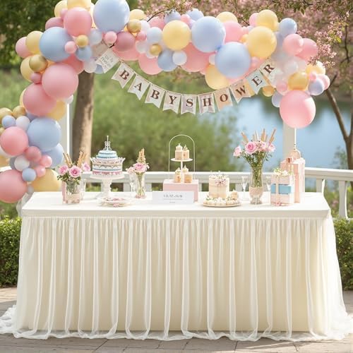 Ivory Tablecloth for 8 Foot Rectangle Tables with Ruffle Tulle Table Skirt - Image 7