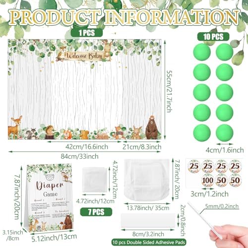 Ctosree 31 Pieces Woodland Animal Baby Shower Diaper Game 1 Diaper Baby Shower Game Board 7 Diapers 10 Plastic Balls 1 Organza Bag for Bridal Games Boy Girl - Image 3