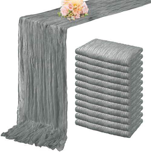 12 Pack Gray 10FT Cheesecloth Table Runner Rustic Gauze Fabric Cheese Cloth Table Runner for Wedding Bridal Baby Shower Table Decor 20 x 120 Inch Long Boho Sheer Birthday Party Table Decorations by FoliafeelHome