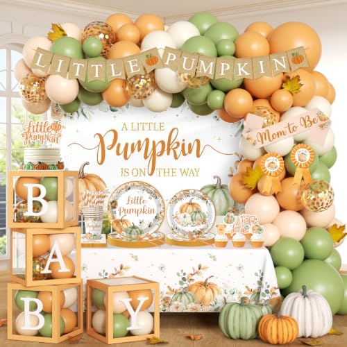 Little Pumpkin Baby Shower Decorations for Boy or Girl,295pcs Fall Baby Shower Plates and Napkins Cups Backdrop Tablecloth Topper Balloon for A Little Pumpkin Is On The Way Baby Shower Decorations by Unknown