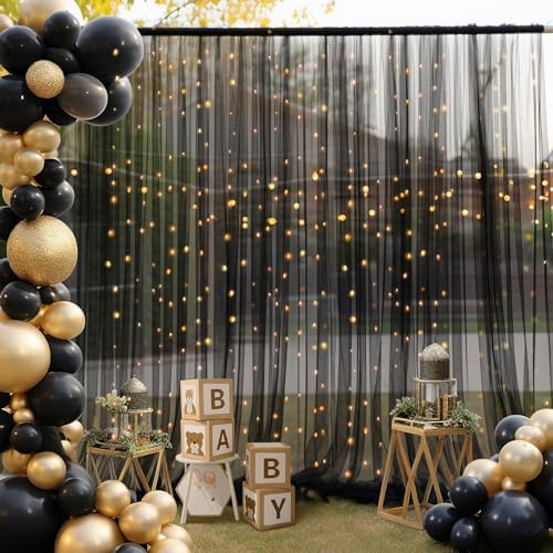 20×10ft Black Tulle Backdrop Curtain with Lights String for Parties, Sheer Photo Backdrop Curtains for Wedding Party Photography Background - Image 3