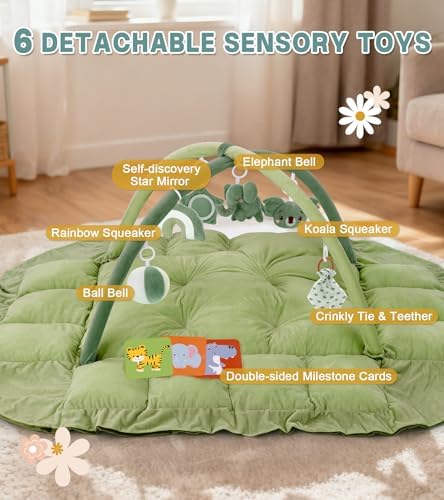 5-in-1 Baby Play Gym and Tummy Time Mat, 12 Learning Cards, Plush Activity Mat with 6 Toys, Convertible to Ball Pit, Baby Gift, Green - Image 3