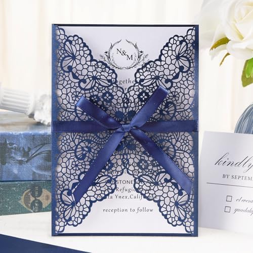 AdasBridal 50pcs Navy Blue Laser Cut Wedding Invitations Cards Blank by AdasBridal