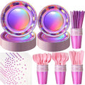Iridescent Pink Party Supplies Decorations Serve100, Hot Pink Holographic Paper Plates and Napkins Set, Disposable Pink Paper Plates Cups Knives Spoons Fork for Mermaid Disco Kpop Birthday Party Decor by EnjoyYourFunnyParties