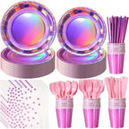 Iridescent Pink Party Supplies Decorations Serve100, Hot Pink Holographic Paper Plates and Napkins Set, Disposable Pink Paper Plates Cups Knives Spoons Fork for Mermaid Disco Kpop Birthday Party Decor by EnjoyYourFunnyParties