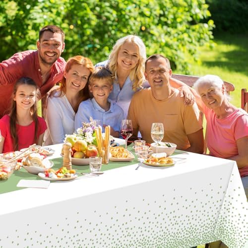 12Pcs White and Sage Green Tablecloth Decorations,Plastic White Table Cloth Printed Green Table Runner Disposable Rectangle Tables Cover for Birthday Wedding Anniversary Graduation Party,54 x108 Inch - Image 7