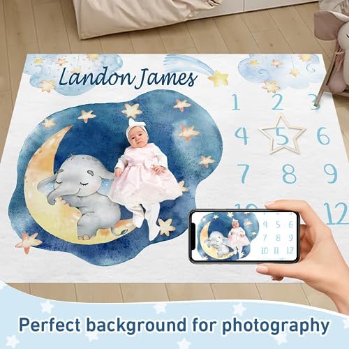 Personalized Baby Milestone Blanket for Boys Girls Baby Month Blanket- First Year Calendar Monthly Growth Chart - Moon Elephant Halloween Birthday Gifts for Infant Todder - Image 2