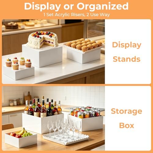 Acrylic Buffet Risers, 4 PCS White Large Food Display Stands for Party Table, Display Risers Cube Box with Hollow Bottom for Dessert Catering Party Supply, Square Scalloped Acrylic Serving Tray for Cupcake - Image 5