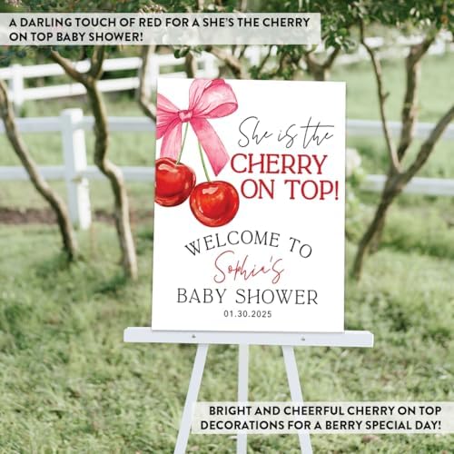 Andaz Press Personalized She's The Cherry on Top Baby Shower Decorations, Custom Coquette Bow Cherry Themed Party Decorations Baby Shower Welcome Sign Decor, 16x20 Inch - Image 6