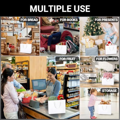 EUSOAR Heavy Duty Gift Wrap Bags, 50 Pack 8.6x3.9x7 inches Small White Paper Bags with Handles, Totes in Bulk for Wedding, Grocery, Boutique, Retail, Business, Party Favors, Baby Showers, Birthdays - Image 4