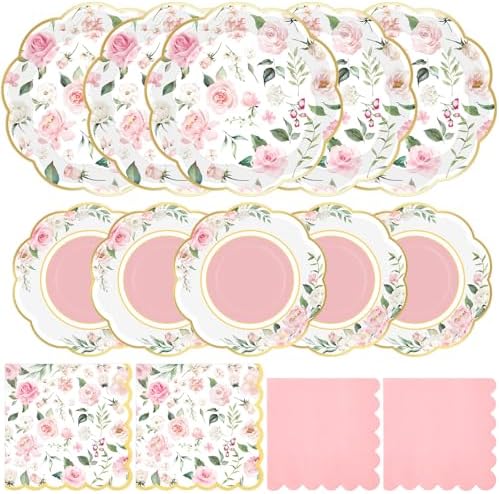 Funnymoom 200 Pcs Pink Wild Floral Party Decorations Paper Plates Serve 50 by Funnymoom